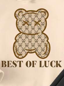 SHEIN 2 件套女婴休闲可爱卡通熊和字母印花圆领运动衫和运动裤套装，秋季服装 - 彩色 - 查看 7