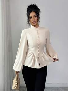Elenzga Blusa feminina elegante e casual para o dia a dia, férias, chá da tarde, Natal e festas de luxo. Cor sólida, gola mandarim, cintura franzida, abertura frontal parcial, punhos com botões e mangas compridas. Ideal para primavera/outono/inverno. - Damasco - Ver 7
