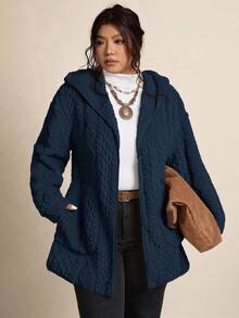 Freevana Plus Size Casual Solid Color Reversible Zip-Up Hooded Fleece Jacket, Autumn/Winter - Blue - View 5