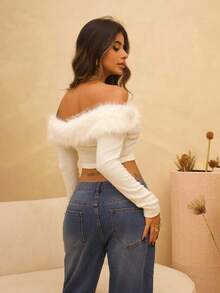 Rayane Ketlyn 秋冬露肩毛绒短款粉色夹克 - 白色 - 查看 1