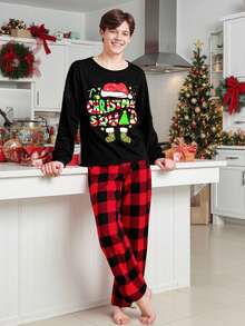 2 件套青少年男童圣诞图案印花宽松圆领长袖上衣和格子宽松针织面料裤子休闲家居服 - 彩色 - 查看 1