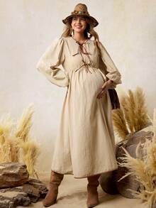 Boho Mama 孕婦秋季波希米亞風洋裝，假日休閒長袖前綁帶燈籠袖米色農民風棉麻鄉村風波希米亞風 - 卡其色 - 查看 9