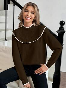 Elenzga 女士休闲荷叶边领长袖毛衣，秋冬季 - 棕色 - 查看 5