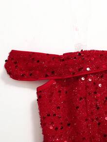 SHEIN Tween Girl Casual Minimalist Comfortable Off Shoulder Cinched Waist A-Line Mid-Length Dress, Red - Red - View 4