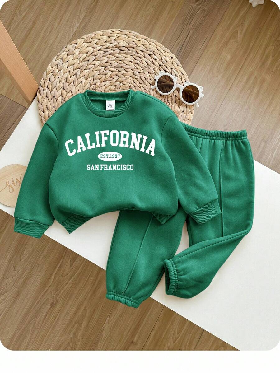SHEIN 女婴可爱灰色字母印花长袖卫衣裤套装，秋冬款 - 墨綠色 - 查看 1