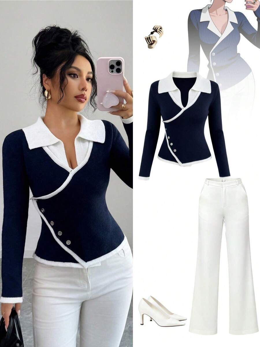 SHEIN Unity Elegant Commuter Blue & White Contrast Metal Buckle ...