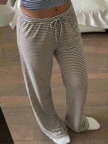 Tween Girls Casual Matching Navy Blue & White Striped Bow Decor Halter Wide Leg Pants Set - Brown - View 1