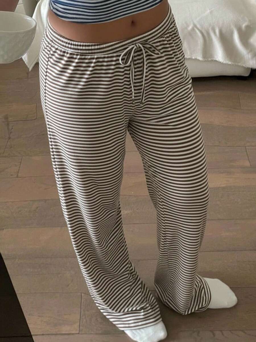 Tween Girls Casual Matching Navy Blue & White Striped Bow Decor Halter Wide Leg Pants Set - Brown - View 1