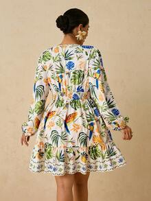 SHEIN VCAY Váy du lịch tay đèn lồng họa tiết nhiệt đới cỡ lớn - Nhiều màu - Xem 2