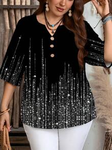 EMERY ROSE Plus Size Casual Notched Neck Half Sleeve Blouse With Random Print Design And Rhinestone Details,Spring/Summer/Vacation - Multicolor - View 5