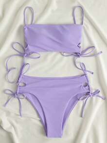 Swim Mod Summer Beach Self Tie Bikini Set - Lilac Purple - View 5