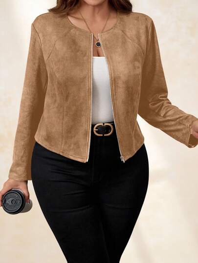 Chikora Plus Size Women Black Suede Jacket, Elegant For Daily Commute And Business Attire