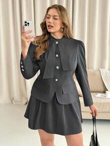 Vionelle 大码女士优雅系带水钻装饰西装外套和百褶A字裙两件套，裙装套装，女士西装裙套装，女士套装，女士职业装套装，衬衫裙套装 - 灰色 - 查看 4