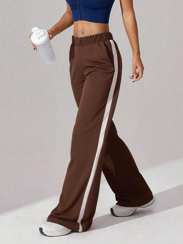 EURMUSE Bruine damesbroek met trekkoord en zijstreep, casual en wijde pijpen