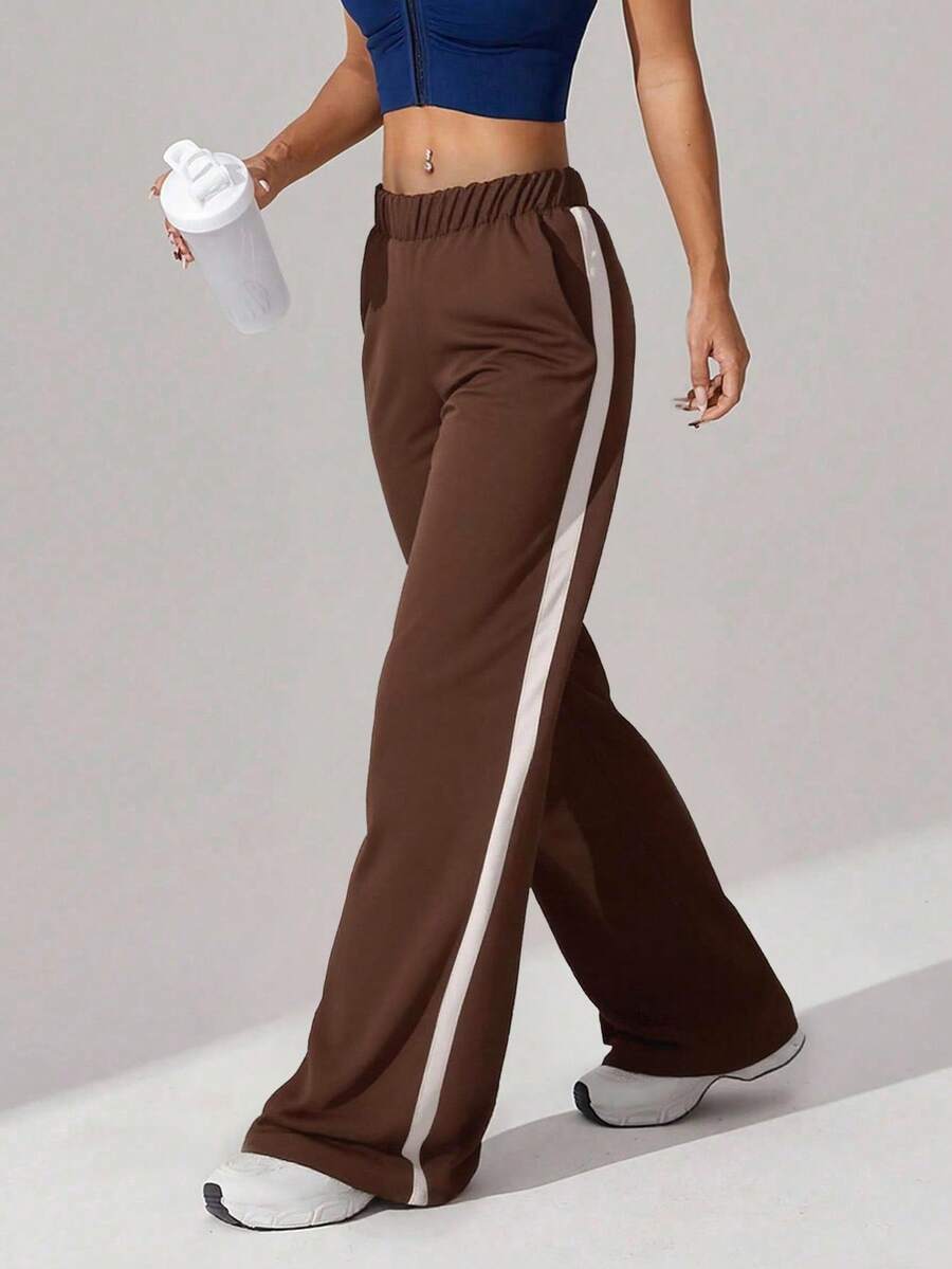 EURMUSE Women's Brown Drawstring Side Striped Casual Wide Leg Pants - Brown - View 1