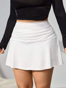 SHEIN EZwear 大码休闲性感纯色荷叶边白色半身裙 - 白色 - 查看 7