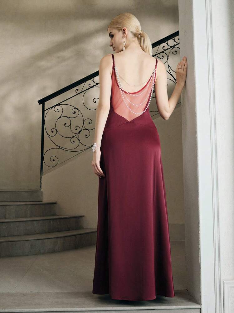 Elegant Sophisticated Red Pearl Long Satin Formal Dress, Sexy & Graceful Women's Dress, Suitable For Autumn/Winter, Parties, Christmas