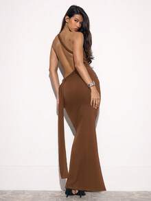 MUSERA One Shoulder Open Back Ring Detail Fitted Maxi Dress Occasion Sexy Night Out Winter Elegant Cute Allure  New Year Party - Chocolate Brown - View 4