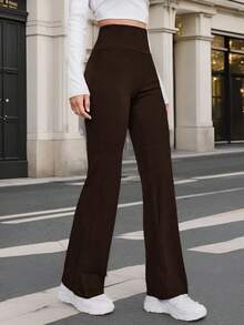 SHEIN EZwear 女士休闲百搭棕色喇叭保暖裤，适合秋冬季节、街头风、户外运动等场合。 - 棕色 - 查看 5