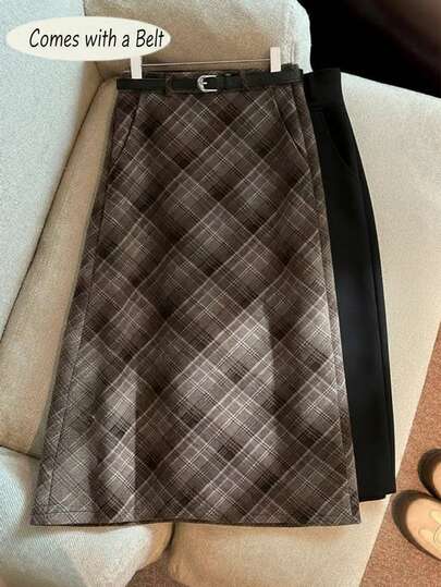 Franclia 复古风，精致棕色格子裙，2025秋冬新款女装，高腰，遮肚，A字型，贴合臀部，优雅长裙，搭配时尚黑色腰带，日常穿着，百搭，含腰带。