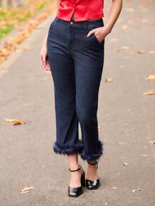 lacRébo 高腰深色直筒牛仔裤，裤脚饰有羽毛，俏皮别致的牛仔单品 - 深色水洗藍 - 查看 4