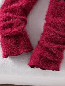 2pcs Young Girl Knitted Fuzzy Beaded Bow Cardigan Jacket And Black Pants Set, Comfortable, Cute, Spring/Autumn - Red - View 6