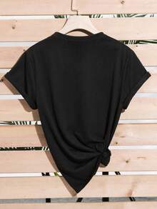 Camiseta de manga corta casual de verano para mujeres con estampado de leopardo con corazones y cuello redondo - Negro - Ver 4