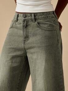 MISSGUIDED Pantalones vaqueros de cintura alta, pierna ancha y corte barrel con lavado vintage, ajuste relajado y diseño utilitario para uso casual diario - Verde militar - Ver 4