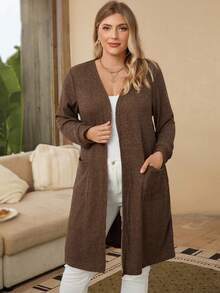 EMERY ROSE Áo khoác cardigan dài tay màu trơn cỡ lớn có túi hở phía trước thường ngày - màu nâu - Xem 3
