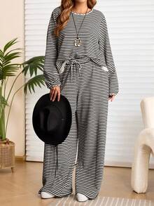 EMERY ROSE 2pcs Plus Size Women Black And White Striped 2 Pieces Lounge Sets,Autumn Boho Everyday Round Neck Long Sleeve Lace Trim Tassel T-Shirt & Wide Leg Pants - Black and White - View 3