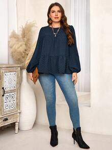 EMERY ROSE Blusa holgada con mangas farol, dobladillo con volantes y lunares, para talla grande, para uso casual o laboral, otoño - azul real - Ver 5