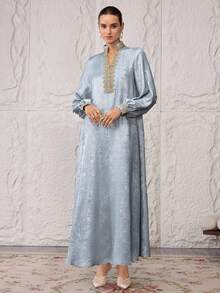 Al Najma 女士优雅派对串珠装饰阿拉伯风格连衣裙 - 淺藍色 - 查看 4