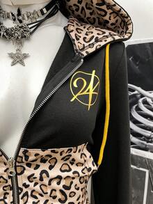 SHEIN Unity Áo nỉ họa tiết da báo vá phong cách Punk thời trang dạo phố dành cho nữ, Thu/Đông - màu đen - Xem 5