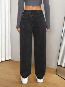 SHEIN Tall Quần jeans ống côn cạp cao thời trang bỏ túi - màu đen - Xem 2