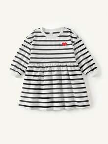 Maija Kids Maija Kids Váy dài tay vải kẻ sọc thường ngày cho bé gái - Đen và trắng - Xem 3