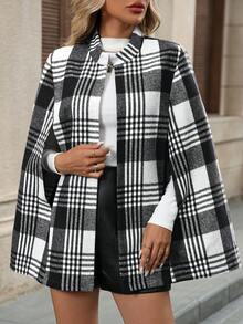 EMERY ROSE 女士休闲日常格子斗篷袖开襟外套，秋冬款 - 黑色 - 查看 4