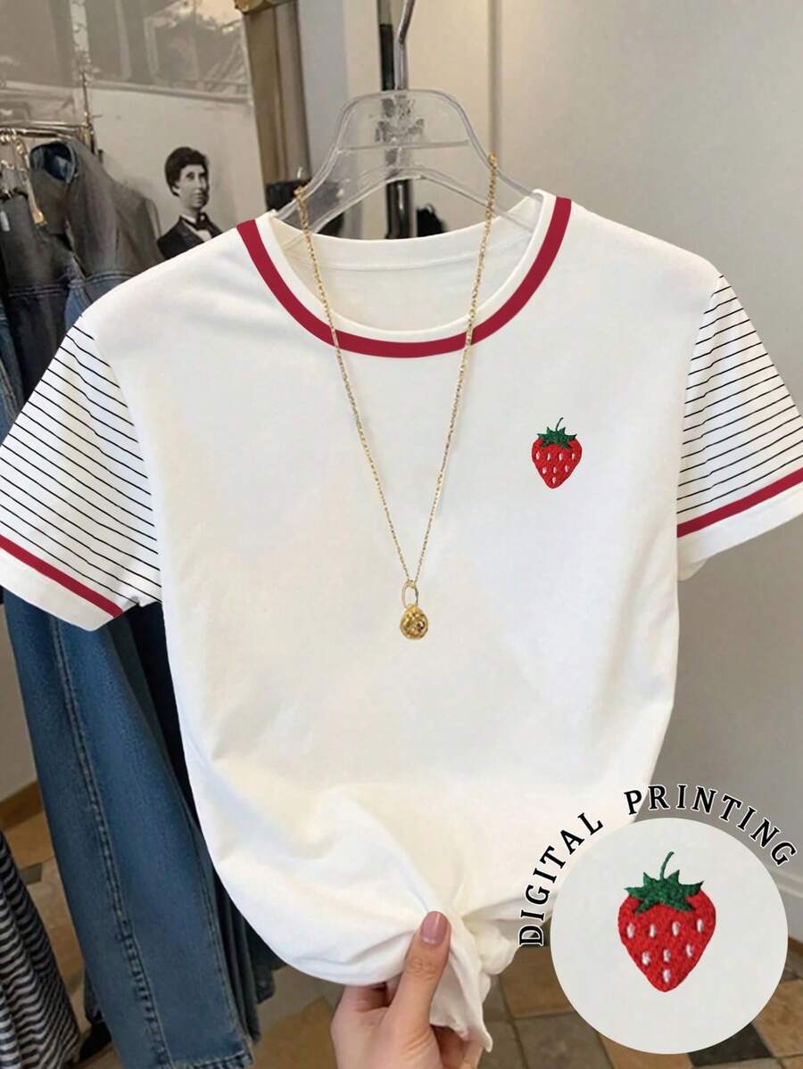 Resyla 女士草莓刺绣条纹拼接圆领休闲T恤 - 白色 - 查看 1