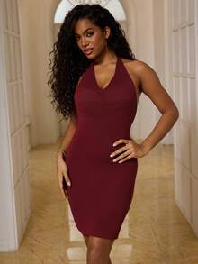 DAZY Rochie de vară pentru femei, culoare solidă, cu decolteu în V, fără spate, ajustabilă, sexy, cu halter, tricotată, Crăciun, rochie de vară pentru femei, rochie de vară Y2K Cruise, ținută pentru femei - Burgundia - Vizualizare 4