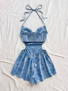 Soleia 女士度假风露背系带深V领镂空腰部宽松下摆连体裤，波西米亚风，浪漫花卉图案 - 藍色 - 查看 2