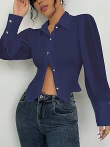 Elenzga Elegant Design Cropped Cardigan Shirt, Fitted Silhouette, Sheer Puff Sleeves, Versatile Classic White Blouse - Navy Blue - View 5