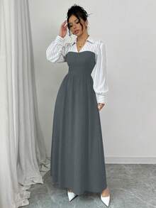 Elenzga Đầm dài kẻ sọc đen trắng, thiết kế thanh lịch cho trang phục Maxi mùa thu dành cho nữ - Xám - Xem 3