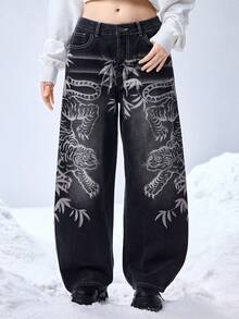 ROMWE Grunge Punk Y2K Subculture Chinese Tiger Rhinestone Embellished Loose Fit Women Jeans - Navy Blue - View 1