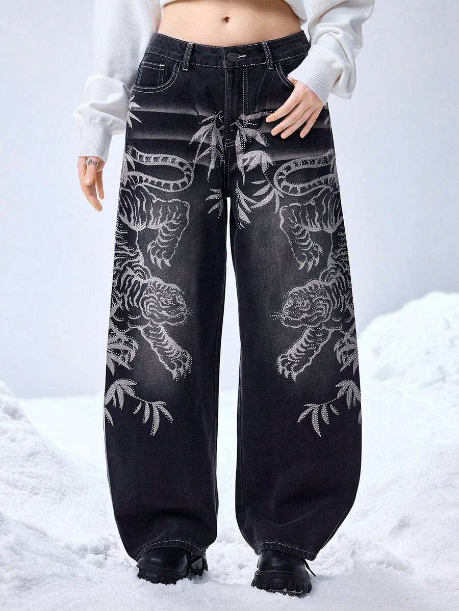 ROMWE Grunge Punk Y2K Subculture Chinese Tiger Rhinestone Embellished Loose Fit Women Jeans - Navy Blue - View 1
