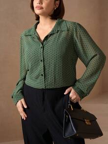 Chikora Plus Size Polka Dot Print Casual Commuter Shirt, Autumn - Green - View 2