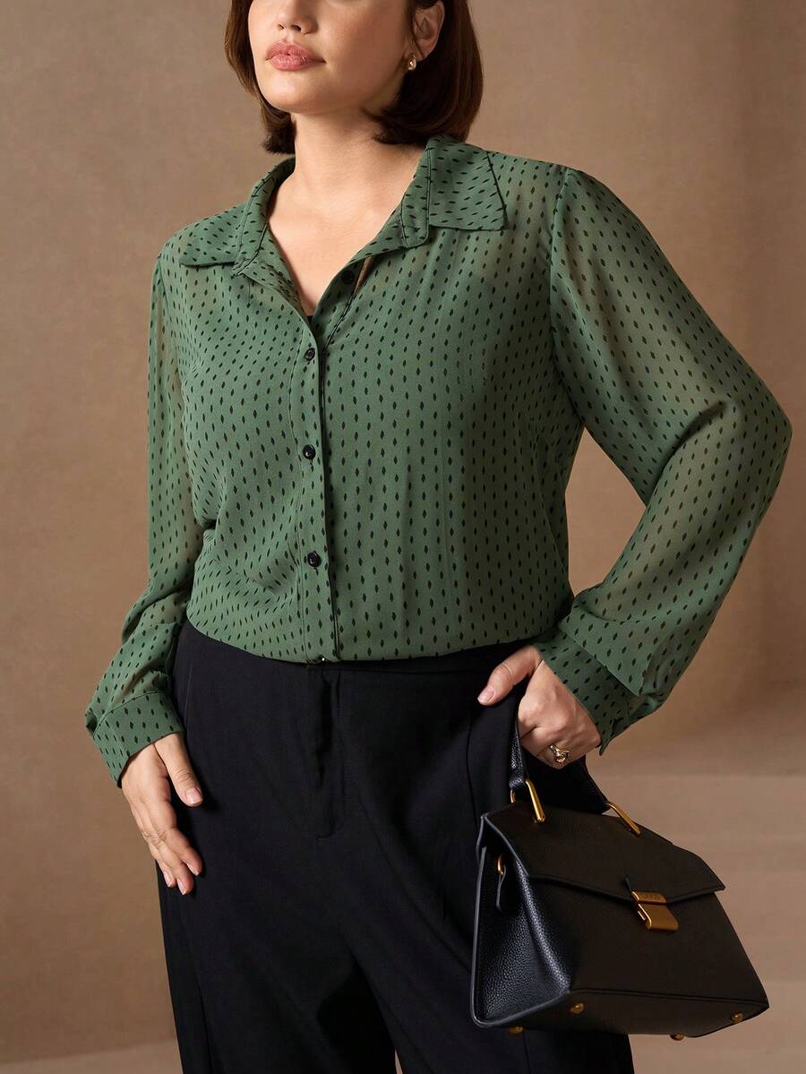 Chikora Plus Size Polka Dot Print Casual Commuter Shirt, Autumn