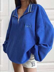 Livesso 女士休闲字母刺绣落肩宽松卫衣，秋冬款 - 寶藍色 - 查看 3