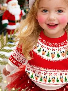 SHEIN 2 Stück/Set Baby Mädchen Weihnachten Rot Rentier, Weihnachtsbaum, Schneeflocke, Schleife, Lebkuchenmann Fair Isle Muster Lässiger Dicker Weicher Bequemer Langarm Sweatshirt und Leggings Set, geeignet für Herbst/Winter Alltag, Weihnachtsparty, Straßenmode, Zuhause - Verschiedenfarbig - Übersicht 5