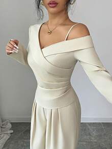 Elenzga Set de 2 piese, bluză elegantă asimetrică, plisată, încrucișată, și pantaloni minimalisti, drepți și lejeri, ținută demnă din 2 piese, costum casual, set de 2 piese elegant și confortabil pentru femei - Caisă - Vizualizare 3