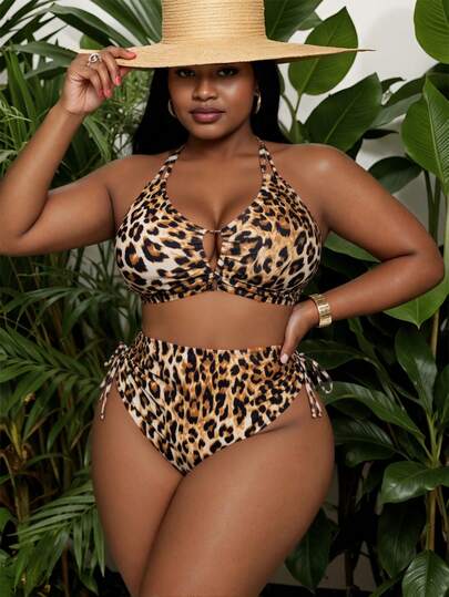 Slaydiva 2pcs Plus Size Women Leopard Print Halter Bikini Swimwear, Sexy & Fashion Beach Vacation Swimwear For Summer