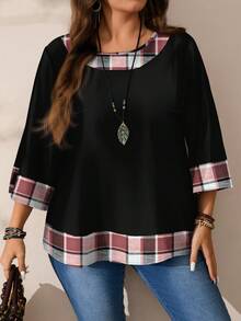 EMERY ROSE Blouse ample à col rond imprimée tout-sur-tout, manches 3/4, pour femmes grandes tailles. Convient pour l'automne/l'hiver, l'été. Hauts d'été, nouveaux modèles pour femmes, élégants. Blouses élégantes pour femmes, blouses élégantes, carreaux, Top noir - Multicolore - Voir 7